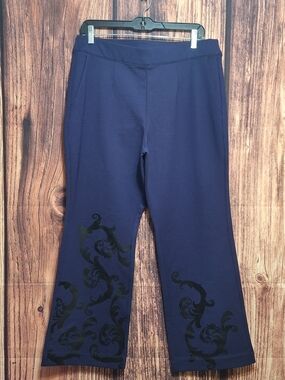 Soft Surroundings Navy Boot-Cut Ankle Pants with Black Scroll Motif Size PL.